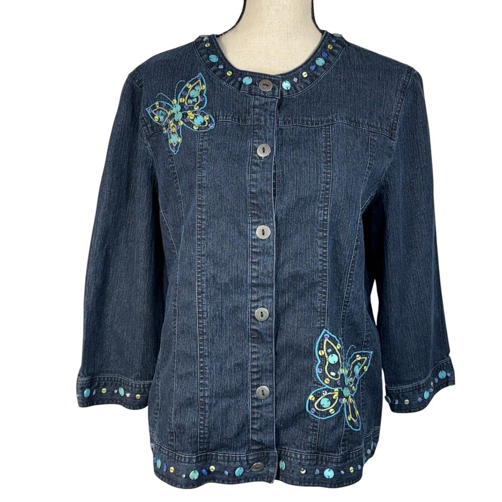 Alfred Dunner SZ 12 Denim Jacket Button-Up 3/4 Sleeve Stretch Butterfly Beaded